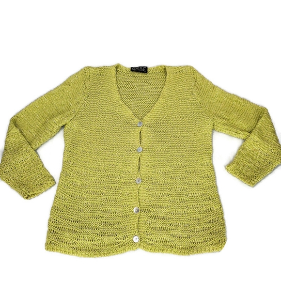 Castle of Ireland Knitwear Open Knit Lime Green Cardigan Sweater Shell Buttons M - Picture 6 of 11